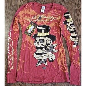 Vtg Ed Hardy By Christian Audigier Shirt XS Crew Neck NWT Y2K Brad Skull Panther